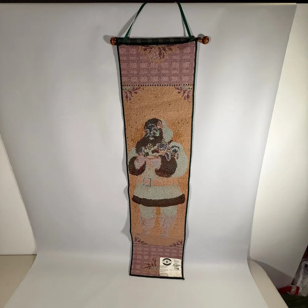 VTG American Weavers Santa Wall Hanging Decor Green Red Woven Tapestry 1998